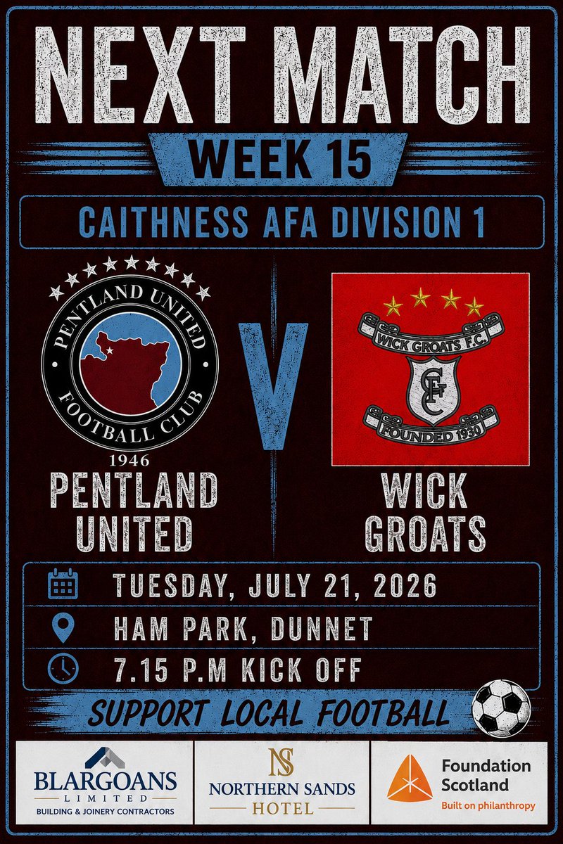 PentlandUnited's tweet photo. Next up, The 2026 league Division one champions take on our old rivals @Wick_Groats on Tuesday night in The Caithness AFA Div.1 with a 7.15 p.m kick off at Ham Park, Dunnet #PUFC #Stabbs #ChampionsAgain https://t.co/jSDp17sNeu