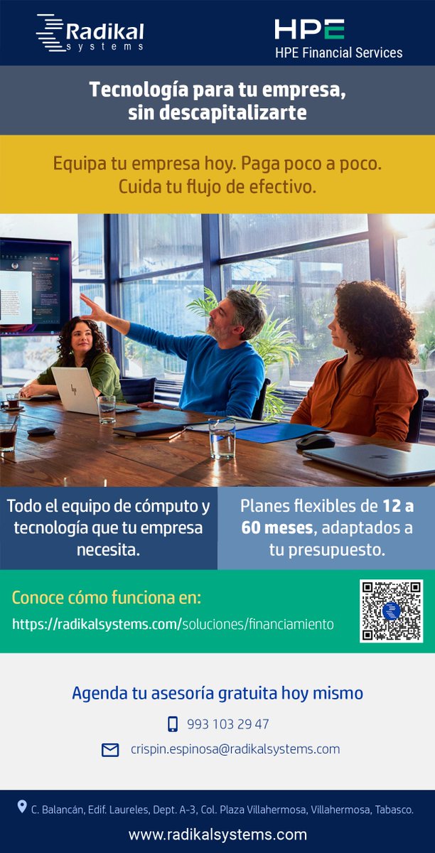 RadikalSystems's tweet photo. Equipa tu empresa con la tecnología que necesita. Paga poco a poco. Cuida tu flujo de efectivo. 💻
Financiamiento desde $5,000 USD para hardware, software e infraestructura, con HPE Financial Services.
👉 https://t.co/N39aloV8PL https://t.co/JezxPFDaE2