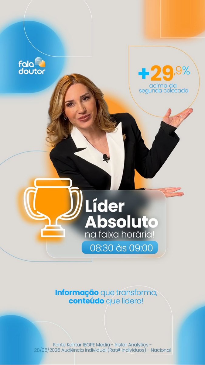 ameirellescf's tweet photo. O Fala Doutor segue na liderança! ✨

Temos muito orgulho da nossa apresentadora, Amanda Meirelles, que conduz esse projeto com excelência, autenticidade e muito profissionalismo. 

Esse resultado é fruto de muito trabalho, dedicação e do compromisso de levar informação de qualidade 💙