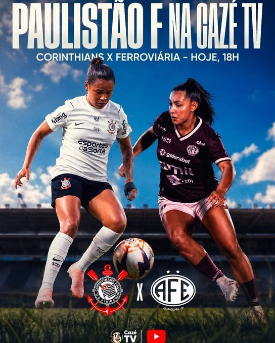 CazeTVOficial's tweet photo. O PAULISTÃO F TÁ ON! 💜 E HOJE TEM DUELO DE GIGANTES! 🤩

Corinthians x Ferroviária, AO VIVO,  agota na tela da CazéTV! 🚨📺  

Compartilha com geral 🤩
🖇️ https://t.co/D4Jgqb8hlx