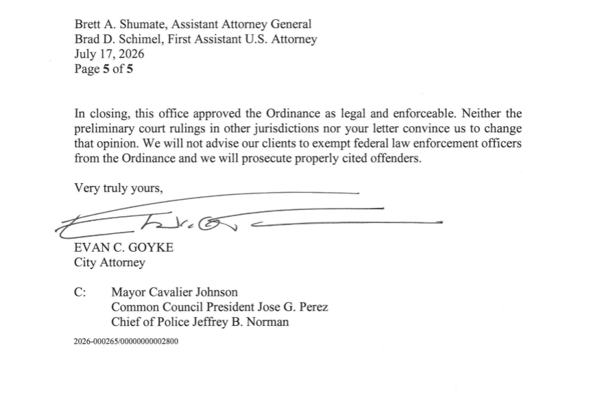 AJBayatpour's tweet photo. NEW: Milwaukee City Attorney Evan Goyke has responded to the U.S. Department of Justice, saying he finds the city's ordinance banning ICE agents from wearing masks is "legal and enforceable" https://t.co/G1u1JD6pZV