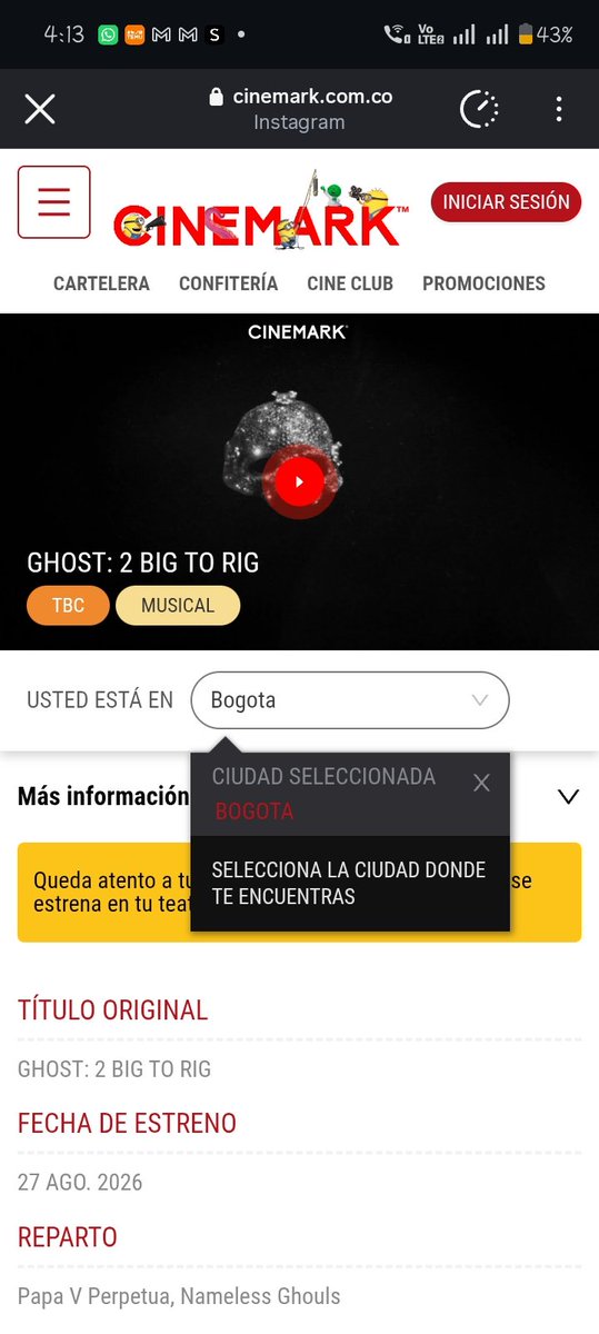 GhostBCColombia's tweet photo. Algunos usuarios comentan en el grupo de Whatsapp que ya se tiene una previsualización sobre la película en la página de cinemark (a mi no me aparece) pero en caso dado ahí vamos avisando.
Si quieren unirse al grupo de Whatsapp escriban al Interno
#thebandghost #ghostbcfans https://t.co/3Yu11dcn0B