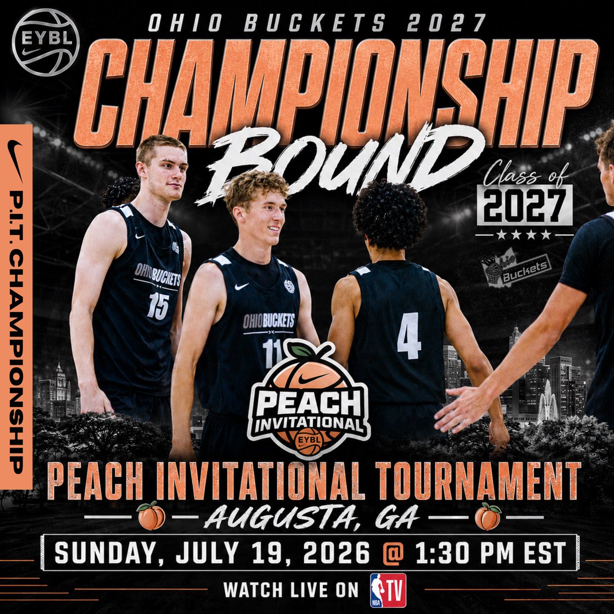 OhioBuckets's tweet photo. 🍑 P.I.T. CHAMPIONSHIP BOUND!

🪣 Ohio Buckets 2027 defeat Team United EYBL 91-77 to clinch a spot in Sunday’s Peach Invitational Tournament Championship on @NBATV.  Buckets led by @_miller_grant’s 23 pt, @CarsonScholl34’s 23 pt and @EthanJames_4’s 14 pt and sit at (6-0) overall. https://t.co/BrTZ6eOr1X
