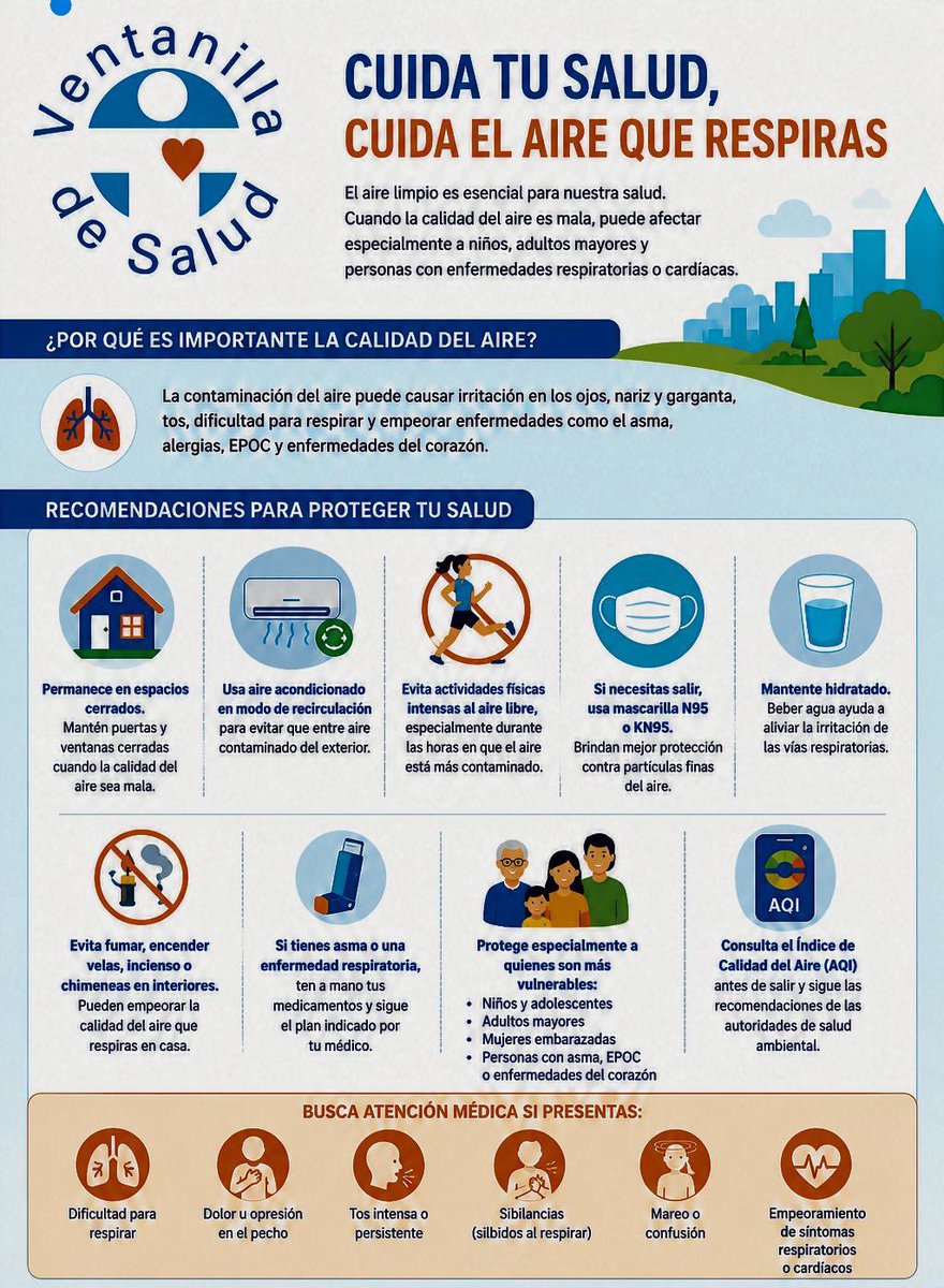 ConsulMexWas's tweet photo. La calidad del aire también es salud.
Cuando la contaminación aumenta, protege tu bienestar y el de tu familia: limita las actividades al aire libre, mantente hidratado y consulta el Índice de Calidad del Aire (AQI) antes de salir. 

#VentanillaDeSalud https://t.co/9yn6A6UC7u