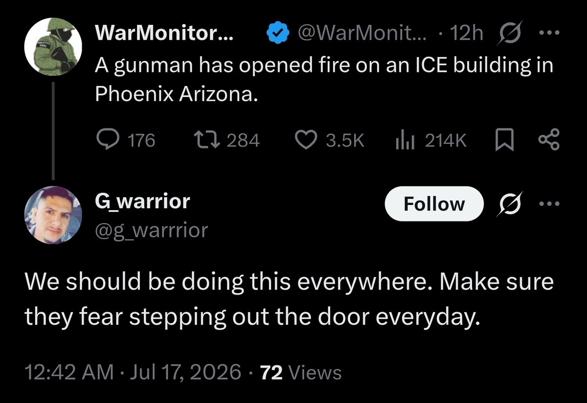 MrAndyNgo's tweet photo. "I hope he took out every single pig in the building"

Leftists across social media have been celebrating the shooting of the ICE facility in Phoenix, Ariz. A number of ICE government centers have been repeatedly attacked  by leftist anti-government bombers and shooters.

Since the goal of far-left extremists is to destroy the U.S., they believe that mass illegal migration could help work toward that. They are encouraged and protected by Democrats in office, whose party benefits from mass illegal migration.

In December 2025, an anti-ICE gunman shot up a Dallas ICE facility, killing two migrants and himself. In July 2025, members of a North Texas Antifa cell launched a shooting ambush on a facility near Dallas. An officer was shot in the neck.  https://t.co/eruxyD69G9
