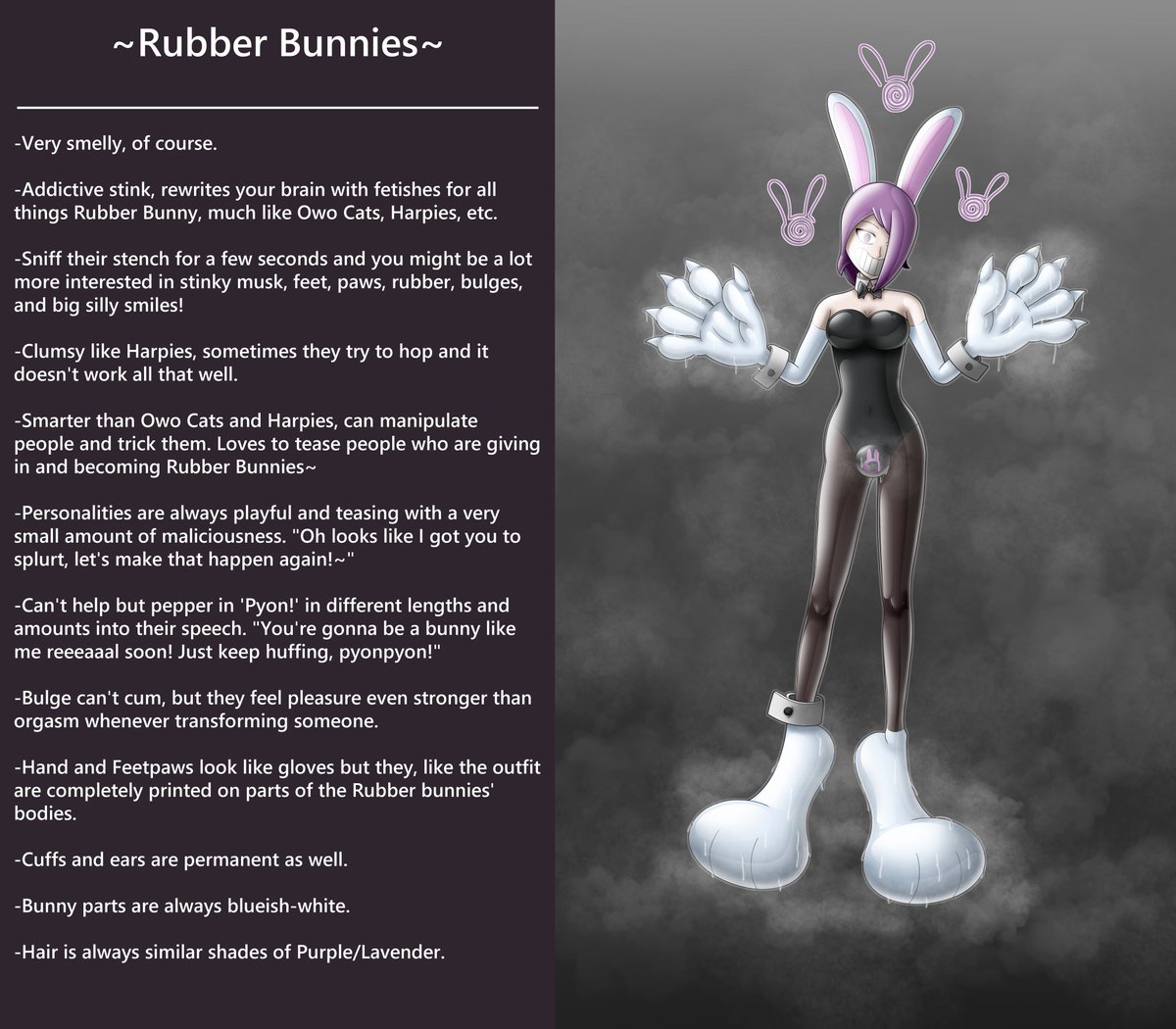 Goop_Sinpai's tweet photo. A new tf concept! Pyonification is the process of becoming a sweaty, rude, smug bunnygirl. Pyonified individuals can be indentified by their huge paws and feet, permagrin and permanent bunnygirl outfit, and including the word "pyon" almost constantly.

What do you think, pyon~? https://t.co/YDwDv5mDKT