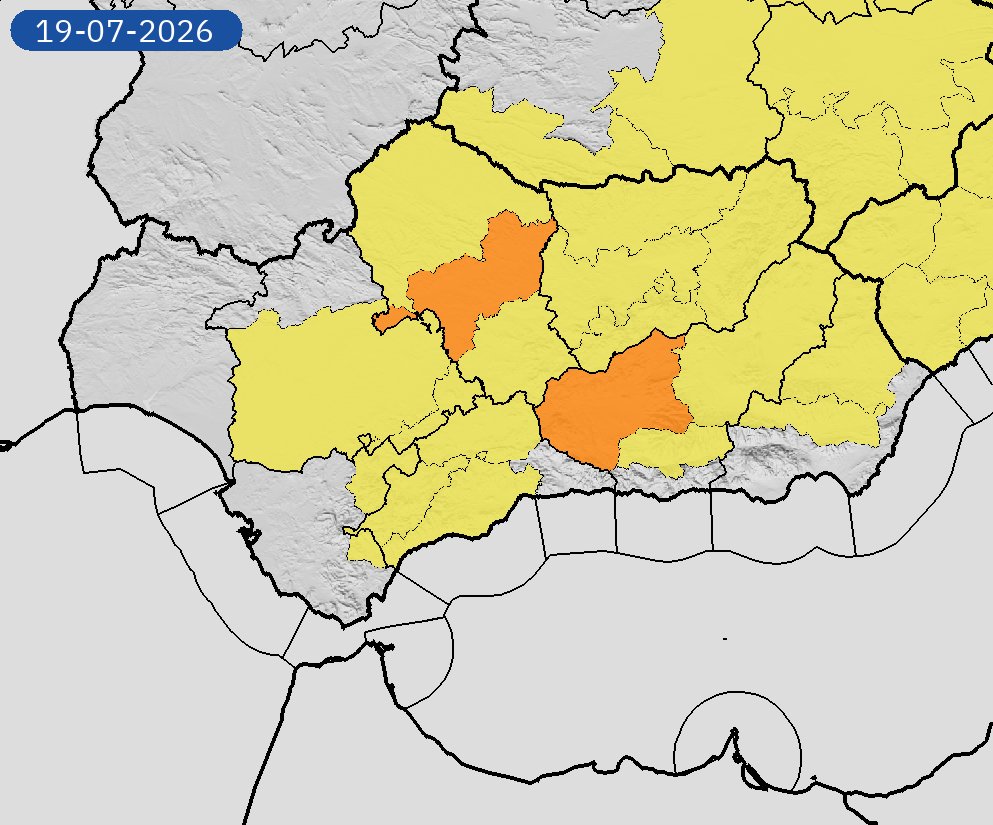 AEMET_Andalucia's tweet photo. 18/07 00:06 AVISOS HOY Y MAÑANA | Andalucía: temperaturas máximas. Nivel máximo de aviso: naranja.
Actualizaciones en https://t.co/Dfanf8vdfH https://t.co/HndHd7zgVL