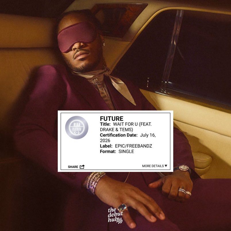7dnaija's tweet photo. JUST IN 🚨

Future’s “WAIT FOR U” ft. Drake &amp; Tems is now certified 11X PLATINUM in the USA 🇺🇸💎

— It’s Tems’ 1st song to achieve the milestone. 👏🏾 https://t.co/TWhqqhaQOy