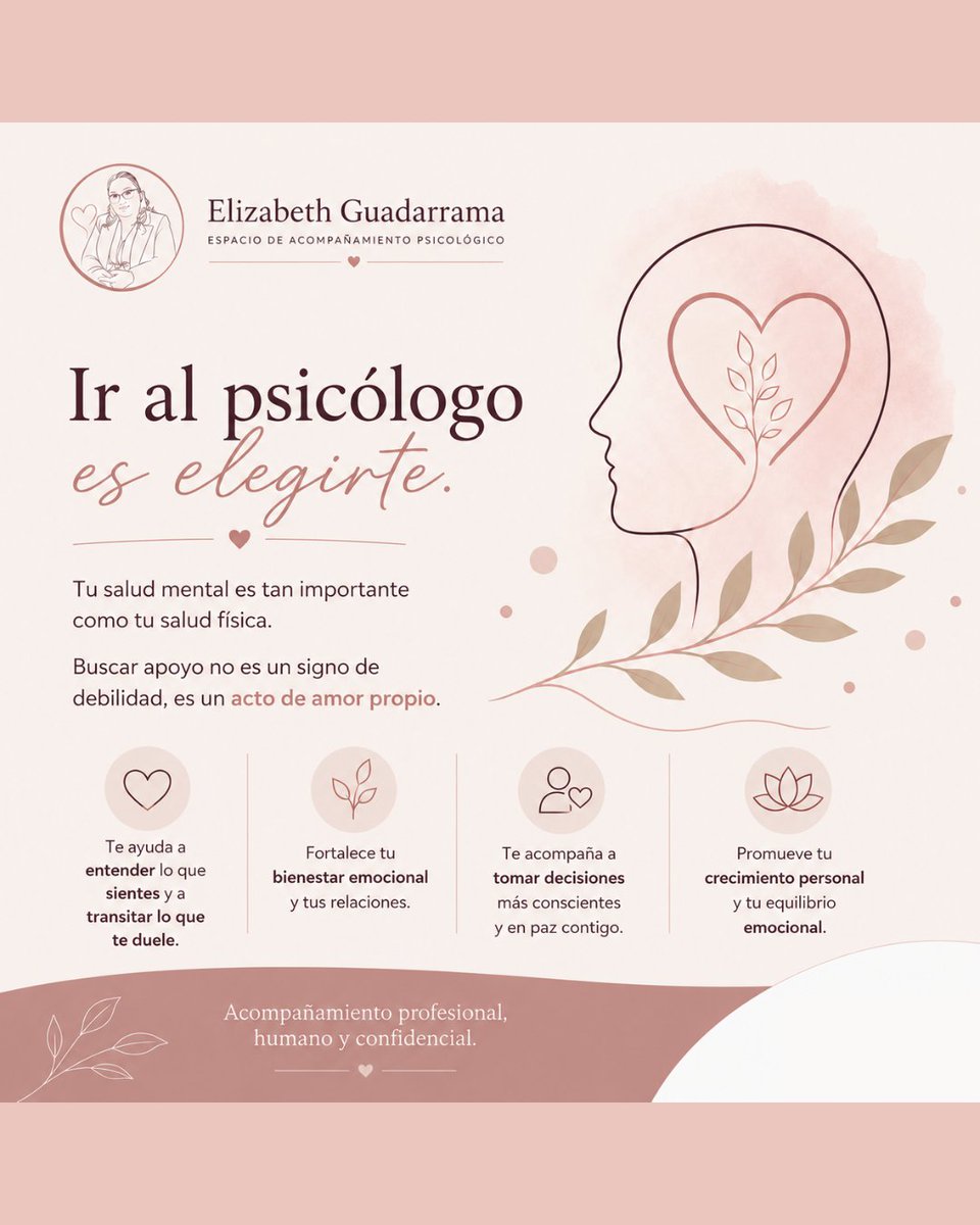 ElizabethGPsico's tweet photo. Cuidar de tu salud mental también es una forma de cuidar tu vida. Dar el primer paso hacia un proceso terapéutico puede ayudarte a comprender tus emociones, fortalecer tus recursos y encontrar nuevas formas de afrontar lo que estás viviendo. 🌿💗
#Terapia #Psicologia https://t.co/u1S56W0lRU