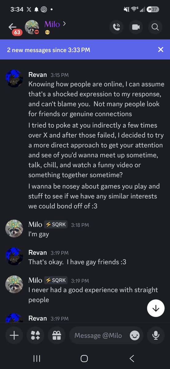 RevanButHorny's tweet photo. I wasn't going to do this originally, but after a short talk trying to be nice and be friend to @/Milo_VRC, I can't help but feel offended and hurt by what was said to me in such a short time.  If you're reading this Milo, you are an asshole just out of our short interaction. https://t.co/bYnOxEObIJ