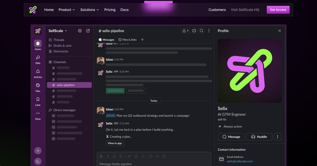 sellscale's tweet photo. 𝗦𝗲𝗹𝗶𝘅 𝗶𝘀 𝗹𝗶𝘃𝗲.

A Slack-native AI GTM Engineer that works like a virtual teammate.

• Lives directly in your Slack, so no new tool to learn; simply chat with it like you would a colleague
• Executes a wide range of GTM requests, not just "pull me a list"
• Always on https://t.co/VyUGe4HG4t