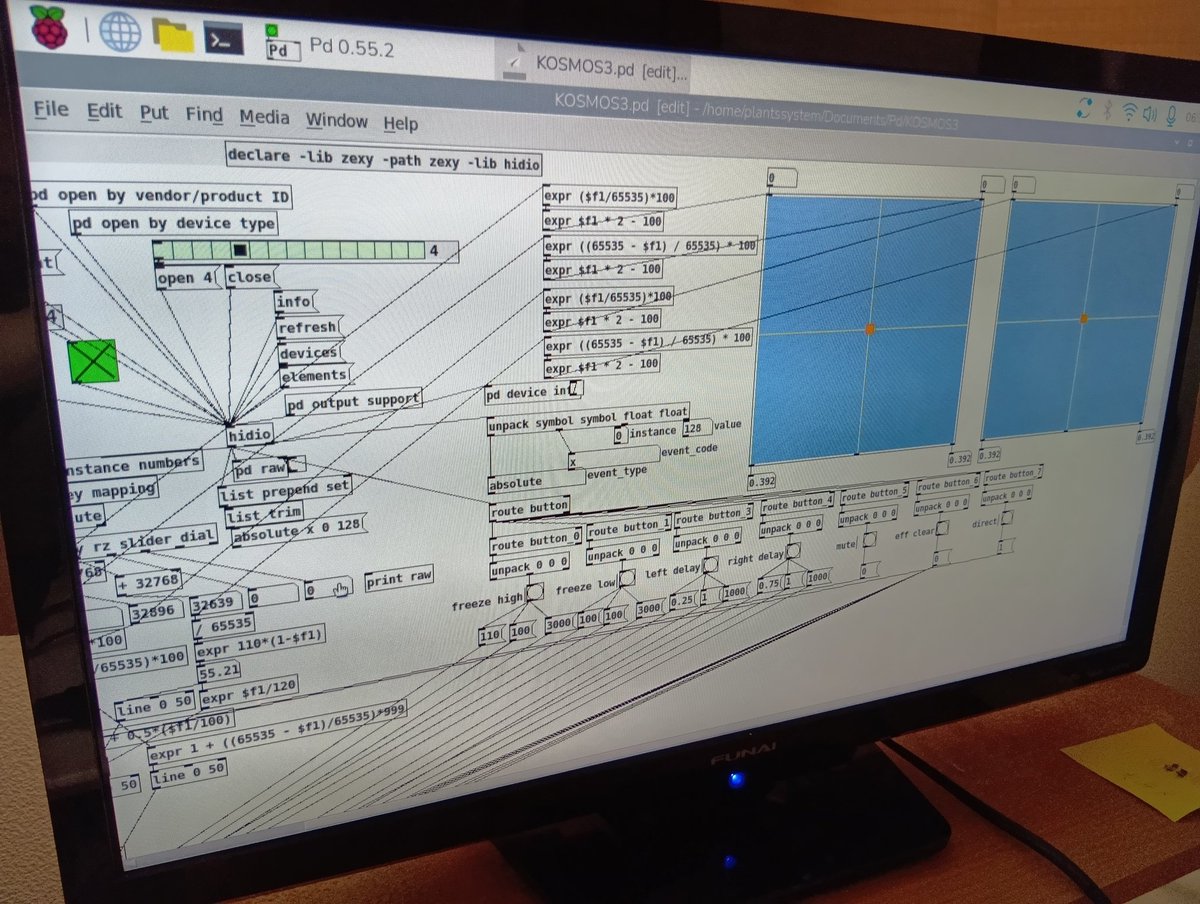 plantssystem89's tweet photo. RaspberryPiでPureDataを動かすために hidioをソースから再構築。無事ロード成功。Pd のヘッドルーム調整に時間を費やした。これで KOSMOS3EFXがPi上で綺麗に鳴るようになった。体感で判断するしかない。
#kosmos3efx #raspberrypi4b #pd #joystickreverb https://t.co/JXHuqbCmR1