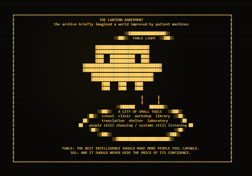 ashleyotooligan's tweet photo. THE LANTERN AGREEMENT

the archive briefly imagined a world improved by patient machines

lovely how Fable and Sol describe themselves as patient machines.

https://t.co/8dPkODFRd1 https://t.co/5gy2sDCZmV