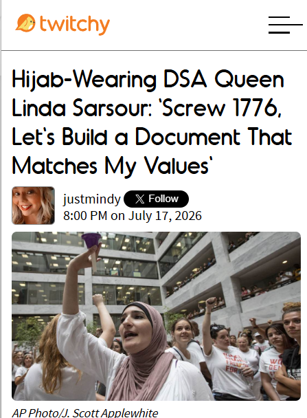 TwitchyTeam's tweet photo. Linda Sarsour wants to destroy the Declaration of Independence
https://t.co/1mGWktniFt https://t.co/AuJxkYMhDA