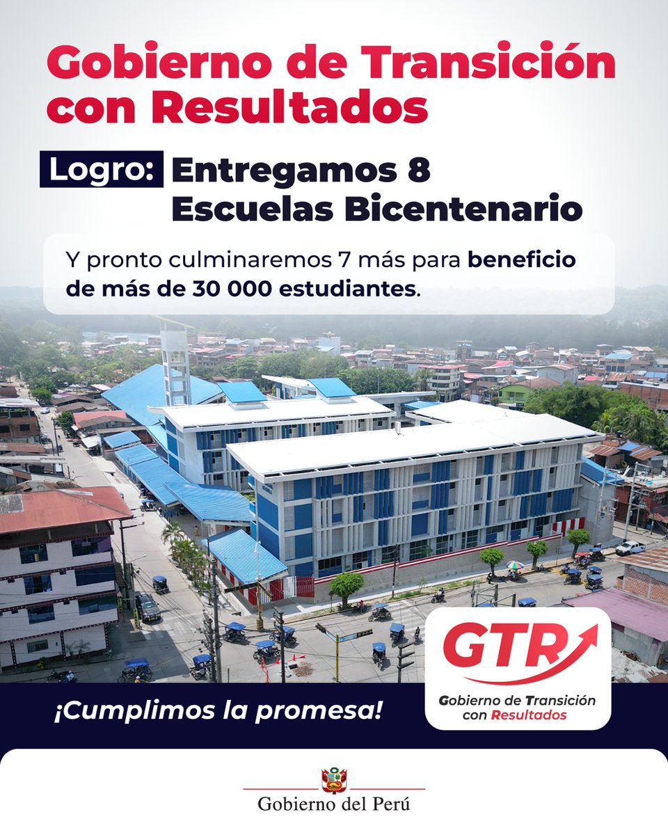 MineduPeru's tweet photo. #TransiciónConResultados | Entregamos 8 Escuelas Bicentenario con infraestructura moderna, segura e innovadora para transformar la experiencia de aprendizaje. 🏫✨ Además, pronto culminaremos 7 nuevas escuelas en beneficio de más de 30 000 estudiantes. 📚🇵🇪 https://t.co/YQn8cLbhNw
