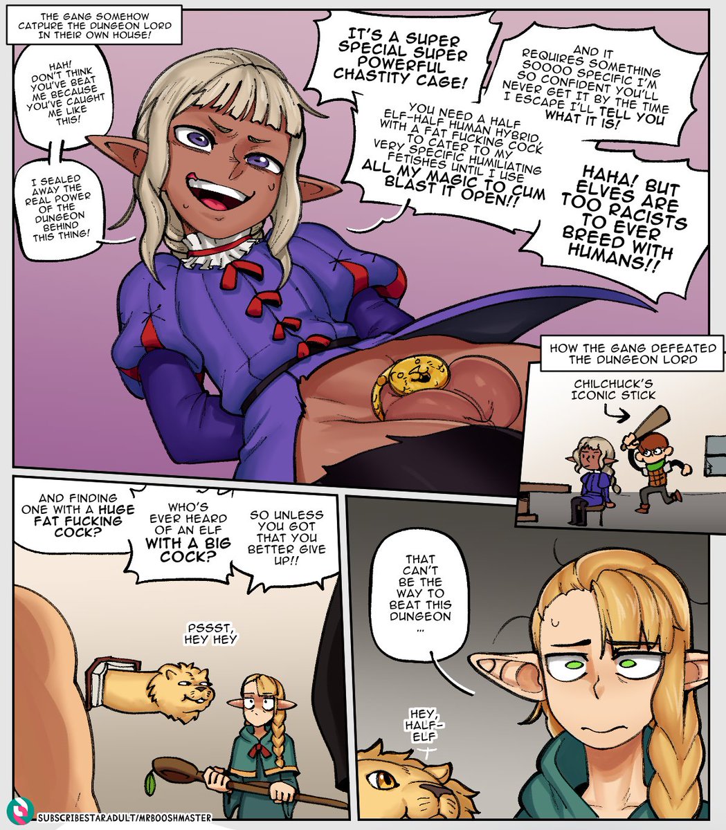 SeniorBoosh's tweet photo. The elf bullying is finally up! (atleast the first half)

Literally my favorite joke from this whole thing is Chilchuck's iconic stick and long lion. https://t.co/Dudr0117UN