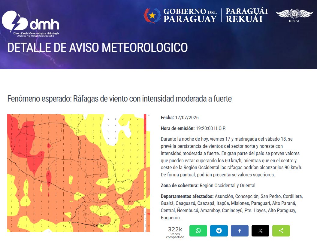 DMH_paraguay's tweet photo. Aviso Meteorológico N°: 762/2026 Emitido.
Enlace: https://t.co/UPvMU0QoCO
Fecha: 17/07/2026
Hora: 19:20 h https://t.co/zQmuoDotJg