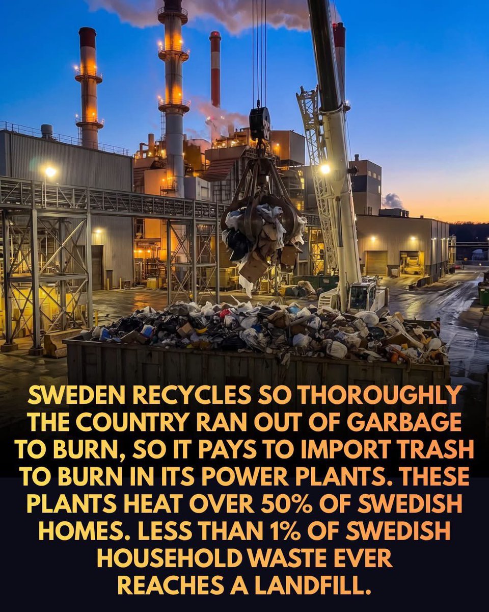 SmartScience's tweet photo. Sweden's recycling system is so advanced that less than 1% of its household trash ever ends up in a landfill.

Through a highly effective nationwide recycling strategy and a strict ban on landfilling combustible waste, the Scandinavian nation has transformed its garbage from an expensive burden into a valuable resource. The heart of this system lies in its network of state-of-the-art waste-to-energy plants.

 These facilities incinerate non-recyclable trash under strict environmental regulations, capturing the resulting heat to supply domestic warmth and generate electricity.

This relentless efficiency eventually led to a surprising dilemma — Sweden recycles so effectively, that it ran short of its own domestic trash to burn. 

To keep its waste-to-energy plants running at full capacity, the country began importing millions of tons of garbage annually from neighboring nations, including the United Kingdom, Norway, and Italy. 

Remarkably, Sweden is actually paid by these countries to take their refuse off their hands. The imported garbage is piped directly into Sweden's municipal heating network, providing heat to over one million Swedish homes and generating roughly a tenth of the nation's total electricity. It is a striking blueprint for how a circular economy can convert a global pollution crisis into a profitable, renewable energy solution.

source: Christensen, L. (2025). How Sweden uses imported trash to produce electricity and heat homes. Snopes.