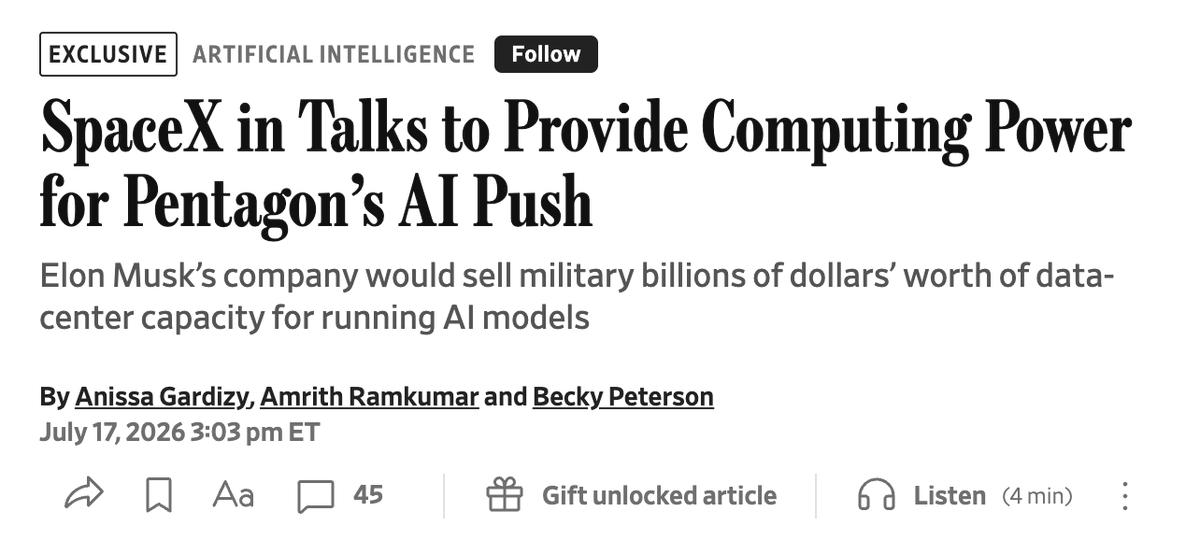 juddrosenblatt's tweet photo. "As the race to AGI intensifies, the national security state will get involved. The USG will wake from its slumber, and by 27/28 we’ll get some form of government AGI project. No startup can handle superintelligence. Somewhere in a SCIF, the endgame will be on."
-https://t.co/1MvEKh9fd7