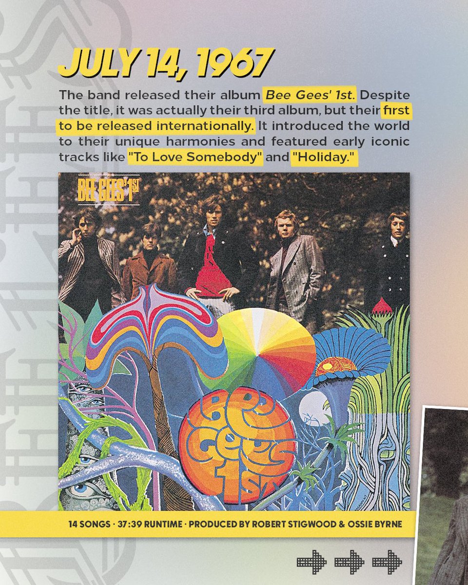 BeeGees's tweet photo. Take five and let the harmonies do the talking. 🎧 Which Bee Gees track is stuck in your head today?

Fun fact: July 14, 1967 the band released their album ‘Bee Gees’ 1st.’ Despite the title, this was their third album but their first to be released internationally! https://t.co/hjq4RsKU3x
