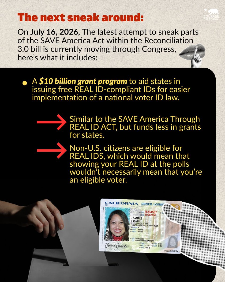 CourageCA's tweet photo. Congress has tried to pass the SAVE Act, a national voter ID bill, multiple times but has failed on several occasions. Here’s how it’s changed over time.

The bill has been rewritten three times and has been pulled for parts to make it more “votable” for House Republicans by disguising it as a budgetary provision to the House Budget Committee.