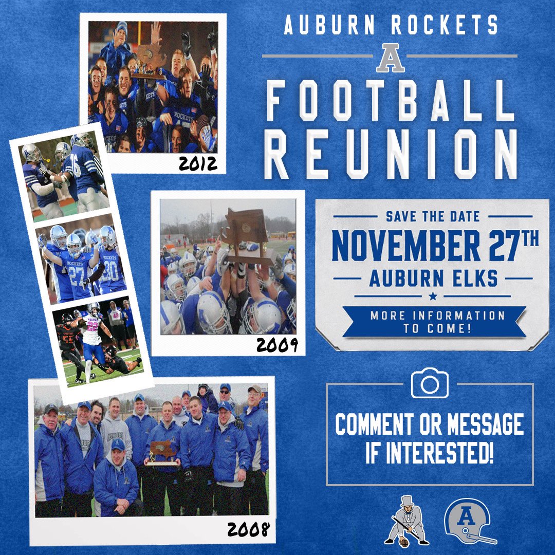 AuburnRocketsFB's tweet photo. Save the Date 🗓️
 
Auburn Rockets Football Reunion November 27th at the Auburn Elks!

Please reply or message if you are interested, more details to come! https://t.co/C0BOpfRfpZ