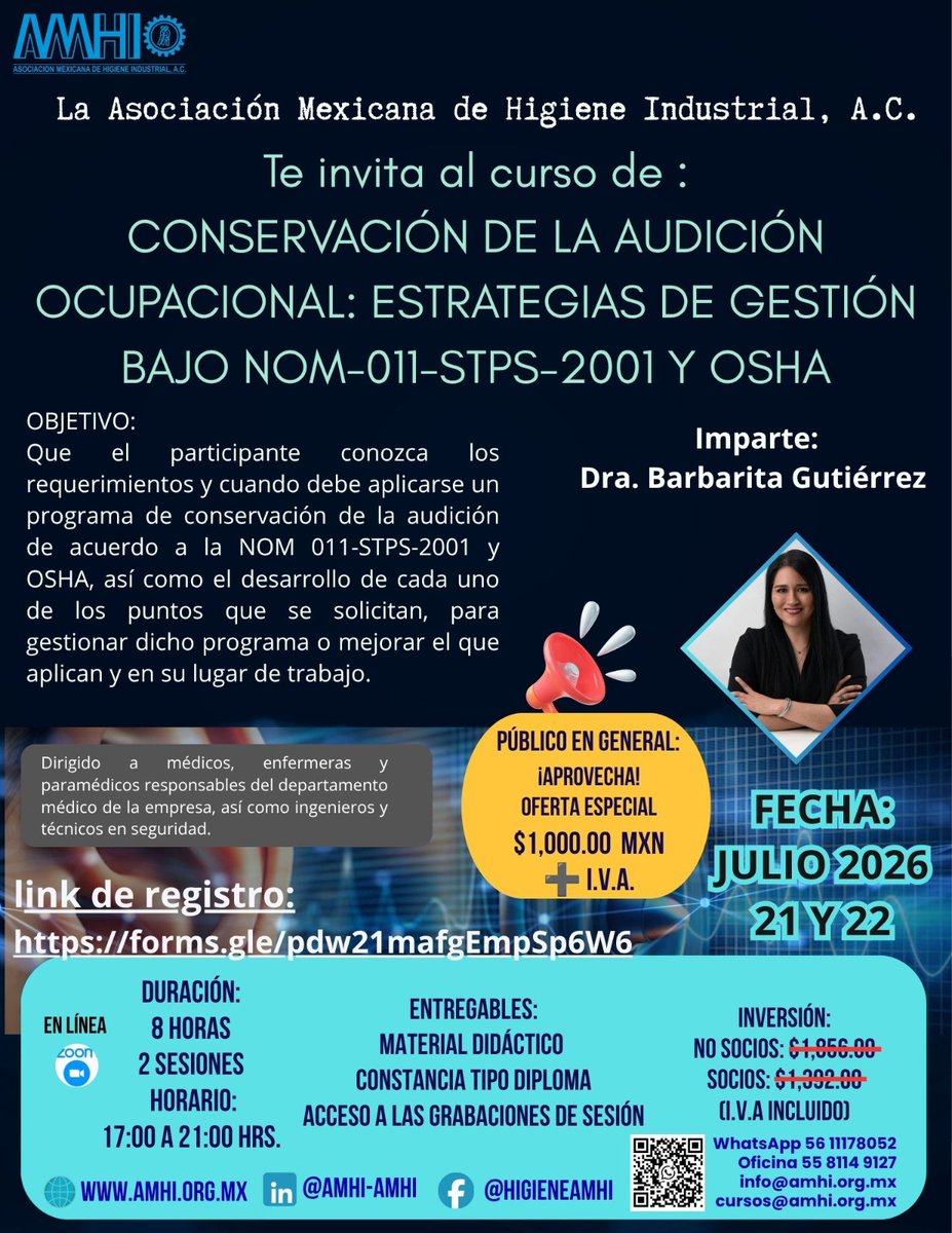 AMHI_Mexico's tweet photo. Únete al curso en línea: "Conservación de la Audición Ocupacional: Estrategias de Gestión bajo NOM-011-STPS-2001 y OSHA", impartido por la destacada especialista Dra. Barbarita Gutiérrez.

👉 Regístrate aquí hoy mismo: https://t.co/FSGlygrJ38 https://t.co/WptVy7IlyC