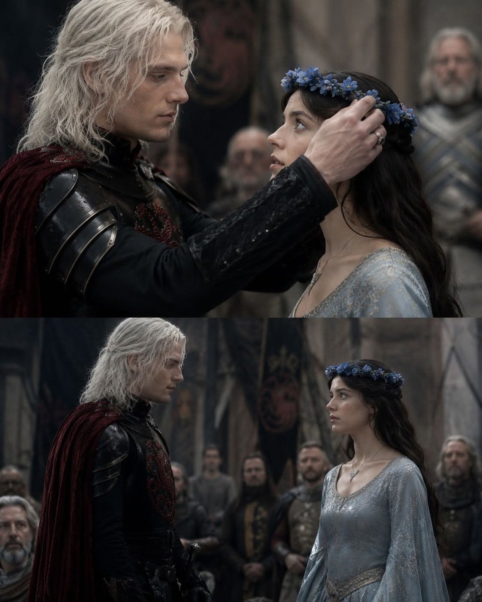 jlinzombie's tweet photo. Após vencer a última justa do torneio, derrotando cavaleiros formidáveis como Sor Barristan Selmy, o Príncipe Rhaegar Targaryen tinha o direito de coroar a Rainha do Amor e da Beleza.

Todos esperavam que ele passasse a coroa de rosas azuis para sua própria esposa, a princesa Elia Martell, que estava presente na tribuna. Em vez disso, Rhaegar cavalgou com seu cavalo passando direto por Elia e depositou a coroa de rosas azuis de inverno no colo de Lyanna Stark.

Ned ainda lembrava do momento em que todos os sorrisos morreram, quando o príncipe conduziu seu cavalo passando por sua esposa até Lyanna. O que ele viu foi uma coroa de rosas de inverno azuis como a geada.

#HOTD #HouseoftheDragon
