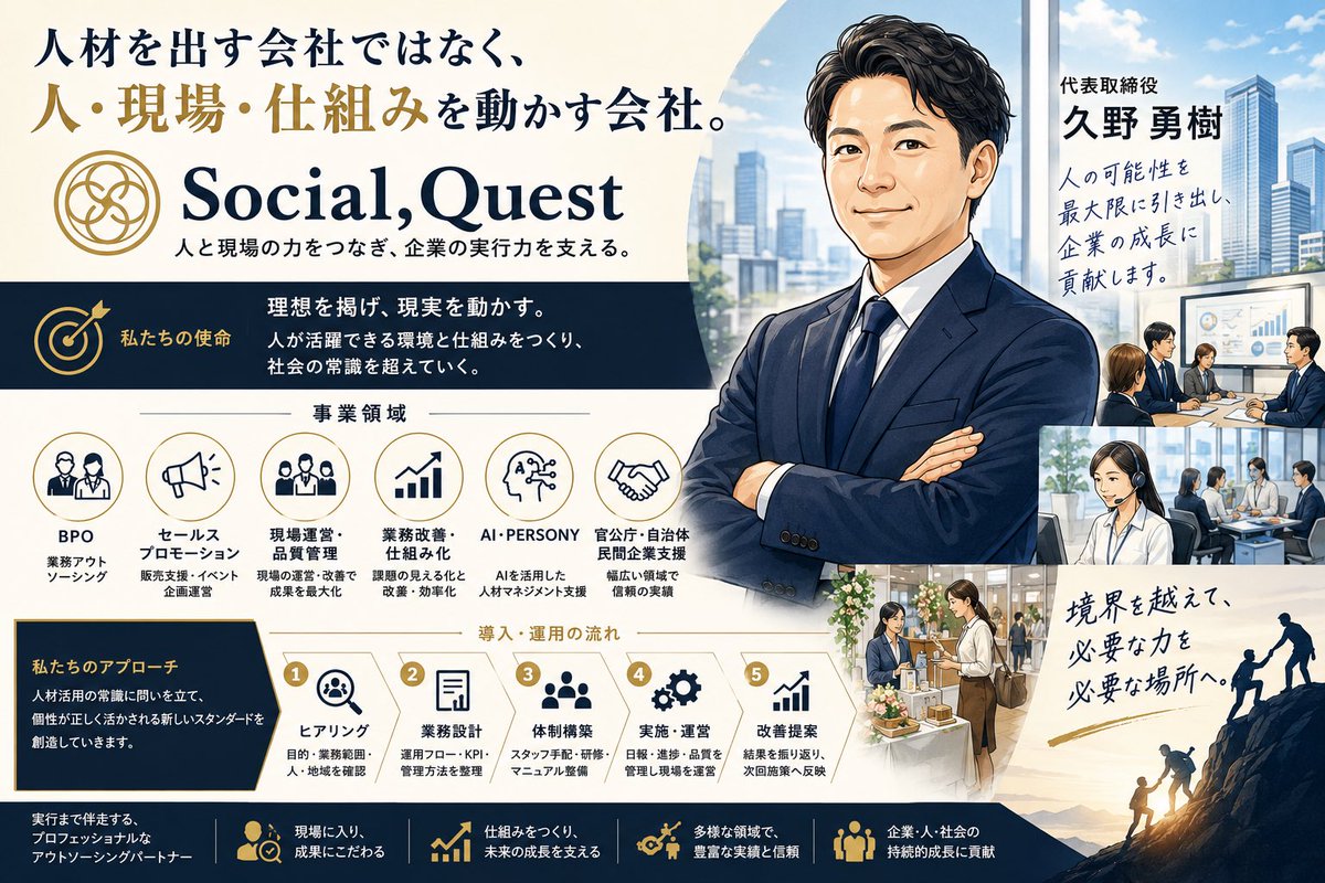 GoodPlus_'s tweet photo. 素晴らしい会社をご紹介させてください。

株式会社Social,Quest
代表取締役　久野 勇樹さん

久野さんが掲げるのは、
「人材を出す会社ではなく、人・現場・仕組みを動かす会社。」

人材不足と言われる時代ですが、本当の課題は「人がいないこと」ではなく、
人が活躍できる現場や仕組みが整っていないことだと考えています。

Social,Questは、

✅ BPO（業務アウトソーシング）
✅ セールスプロモーション
✅ 現場運営・品質管理
✅ 業務改善・仕組み化
✅ AIを活用した人材マネジメント

まで、一気通貫で伴走。

「人を派遣して終わり」ではなく、

現場に入り、運営し、改善し、成果が出るまで責任を持つ。

この姿勢こそが、多くの企業や行政案件から信頼されている理由だと感じました。

久野さんとお話しさせていただき、
**「人の可能性を最大限に引き出し、企業の実行力を高めたい」**という熱い想いが強く伝わってきました。

人材不足や業務改善、組織づくりでお悩みの経営者の方には、ぜひ一度お話を聞いていただきたい会社です。

素晴らしいご縁をありがとうございました。

#SocialQuest #久野勇樹 #BPO #業務改善 #人材活用 #AI #DX #組織づくり #経営者 #企業成長