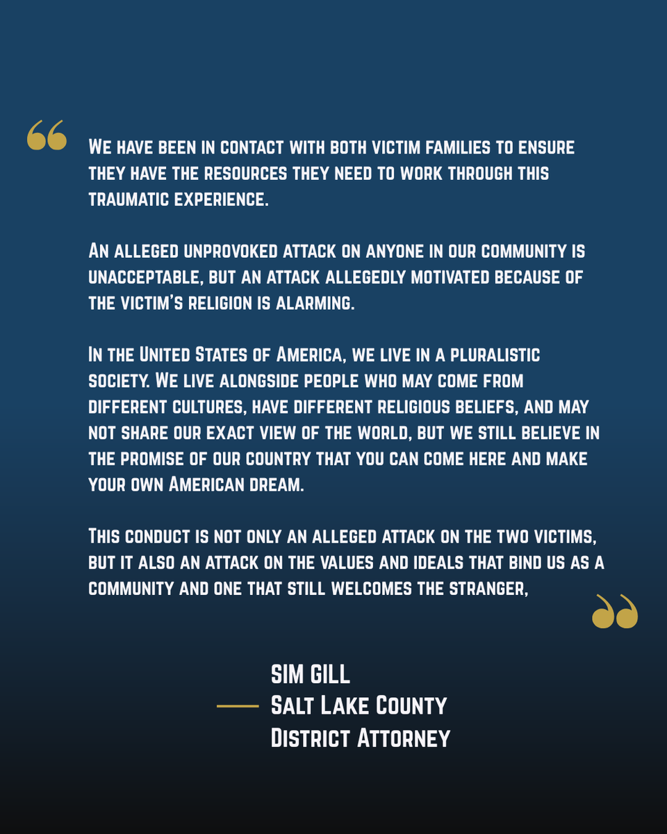 SLCountyDA's tweet photo. Today, DA Gill announced attempted aggravated murder charges filed for the July 13, 2026, alleged attack on two individuals at the Valley Fair Mall in West Valley City. Read more here: https://t.co/g83rIRlUEs https://t.co/E78ij5kjFY