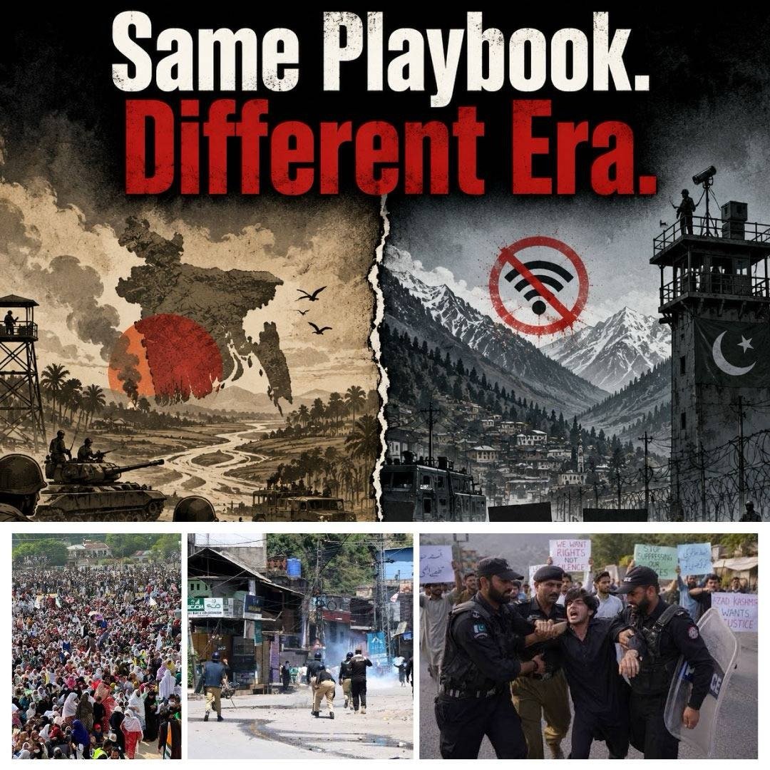bdperspectives's tweet photo. Same Playbook. Different Era.

1971: East Pakistan (Bangladesh) demanded democratic dignity and an end to resource exploitation. Met with absolute military suppression.
2026: Pakistan-occupied Jammu and Kashmir citizens demand economic survival and rights over their own hydropower. Met with internet blackouts, mass arrests, and "terrorist" labels.
You cannot choke a population’s voice and expect silence forever. Bangladesh broke the chains of this playbook in 1971. The world must open its eyes to PoJK today.
#Bangladesh #Balochistan