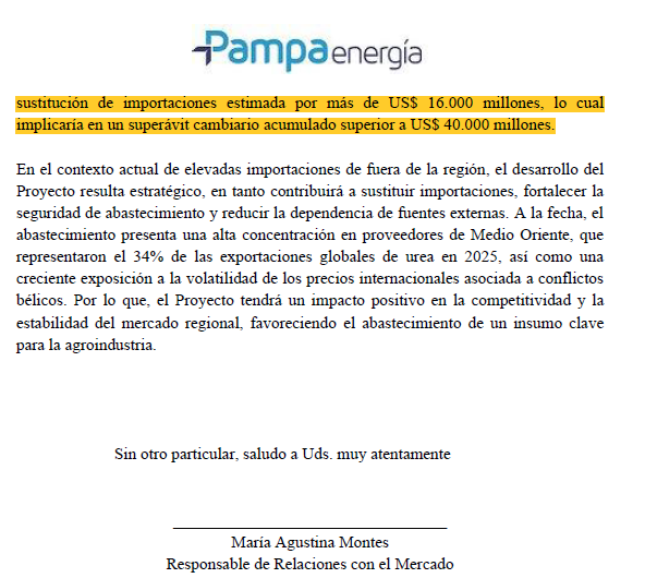 TraductorTeAma's tweet photo. 🇦🇷MÁS INVERSIONES| Pampa Energía a través de su subsidiaria Pampa Fertil S.A. se mete en producción de úrea con una inversión de 2.700 millones de dólares.

1) Pampa Energía solicitó la adhisión al RIGI y al Régimen de Inversiones Estratégicas de la Provincia de Buenos Aires (REPIE).
2) El proyecto contempla la construcción, operación y gerenciamiento de producción de 6.000 toneladas diaras de urea granulada. (2.100.000 toneladas anuales). Urea y amoníaco.
3) El plazo de construcción y desarrollo es de 41 meses.
4) Estiman que generarán exportaciones por 24.000 millones de dólares y sustituirán importaciones por 16.000 millones de dólares. Dando así un superávit cambiario acumulado de USD 40.000 millones.
