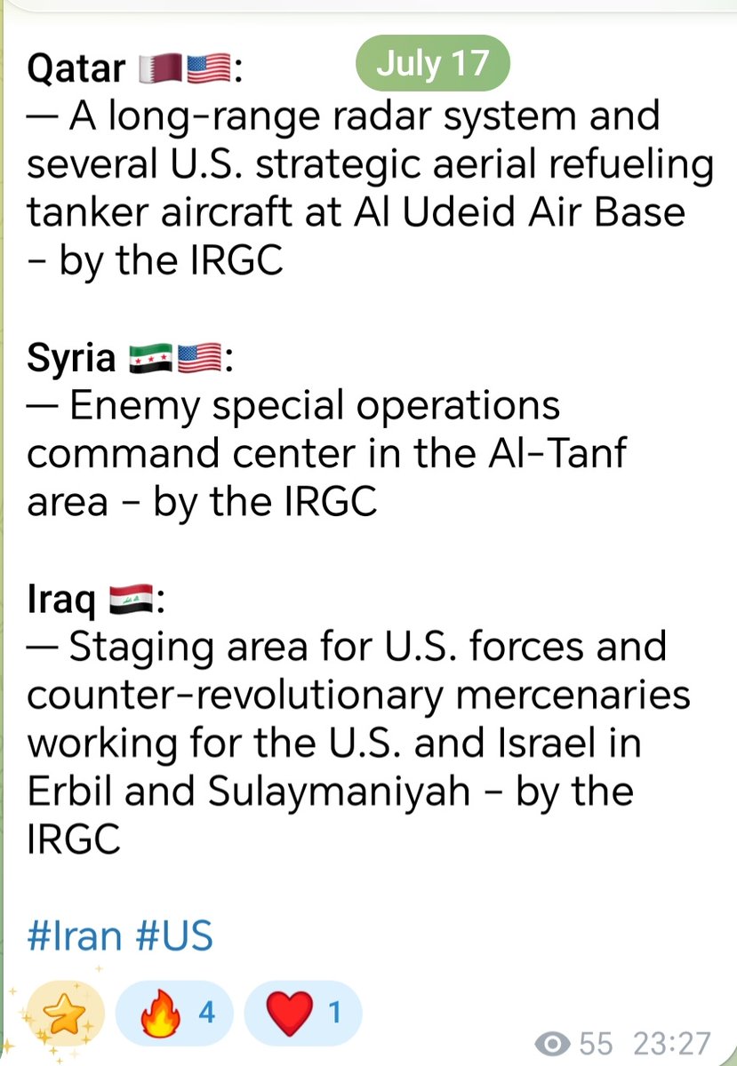 14wombat1's tweet photo. 17.07.26

These are today's UNCONFIRMED  attacks by Iranian military forces,through their official channel.

Separately,it is also claimed,2 days ago,an Iranian Special Forces Unit entered Iraq and assassinated key Kurdish officers whom they labeled"terrorists."

BAHRAIN 
➡️ There is no claim in this official account from today of a military data center in Bahrain being attacked. 
This was later added by a supportive website,and picked up by other websites,as fact. 
PatEmek