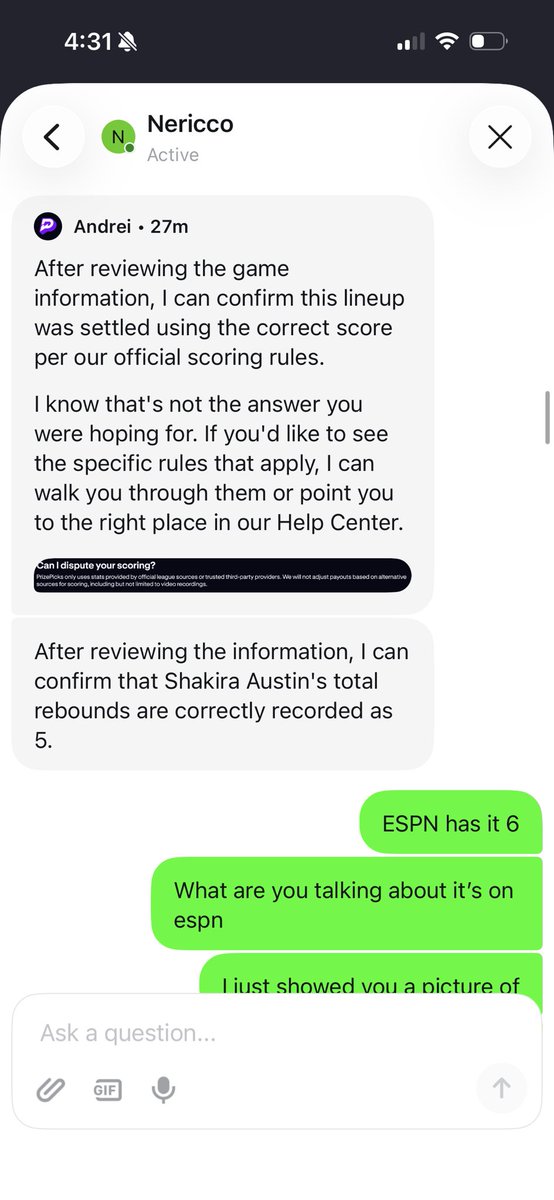 logan_mega17279's tweet photo. @PrizePicks Pay us our money &amp; stop scamming people out their money &amp; goin against your own policy the same one said that you abide by only. How you grade wagers by official @WNBA @espn Stats but your grading her rebounds as 5 when it’s says 6 like what I’m confused @FBI https://t.co/PnEB3x8aQD