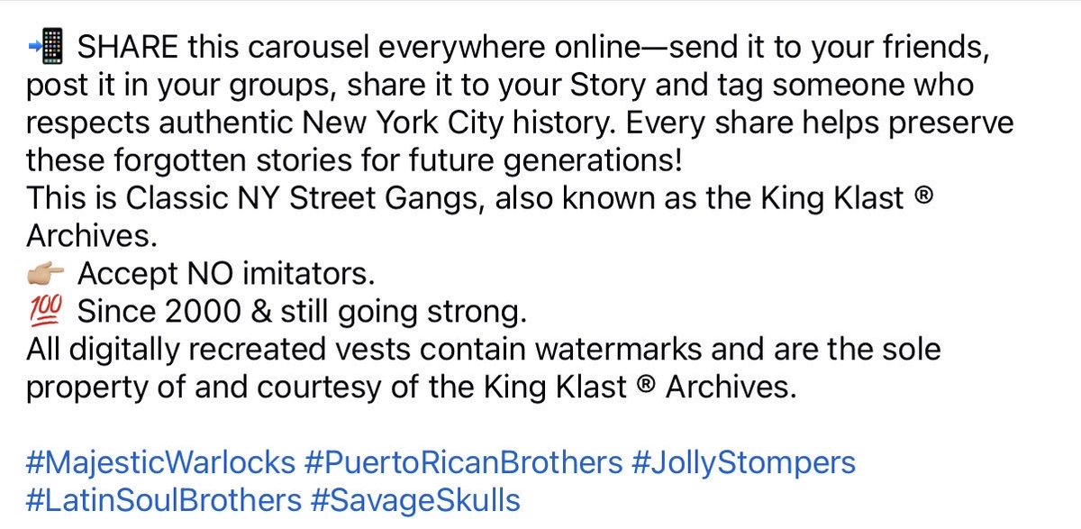 kingklast's tweet photo. 😮 5 FORGOTTEN 1970s NYC STREET GANG RECREATED VESTS—SWIPE TO THE FINAL CLUB! PART 2
🔥 NEW YORK CITY STREET-GANG HISTORY—DIGITALLY RECREATED! 🔥
#MajesticWarlocks #PuertoRicanBrothers #JollyStompers #LatinSoulBrothers #SavageSkulls https://t.co/n1K82XVZ2Z