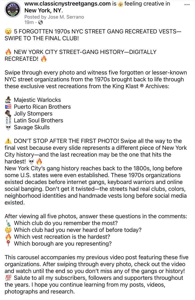 kingklast's tweet photo. 😮 5 FORGOTTEN 1970s NYC STREET GANG RECREATED VESTS—SWIPE TO THE FINAL CLUB! PART 2
🔥 NEW YORK CITY STREET-GANG HISTORY—DIGITALLY RECREATED! 🔥
#MajesticWarlocks #PuertoRicanBrothers #JollyStompers #LatinSoulBrothers #SavageSkulls https://t.co/n1K82XVZ2Z
