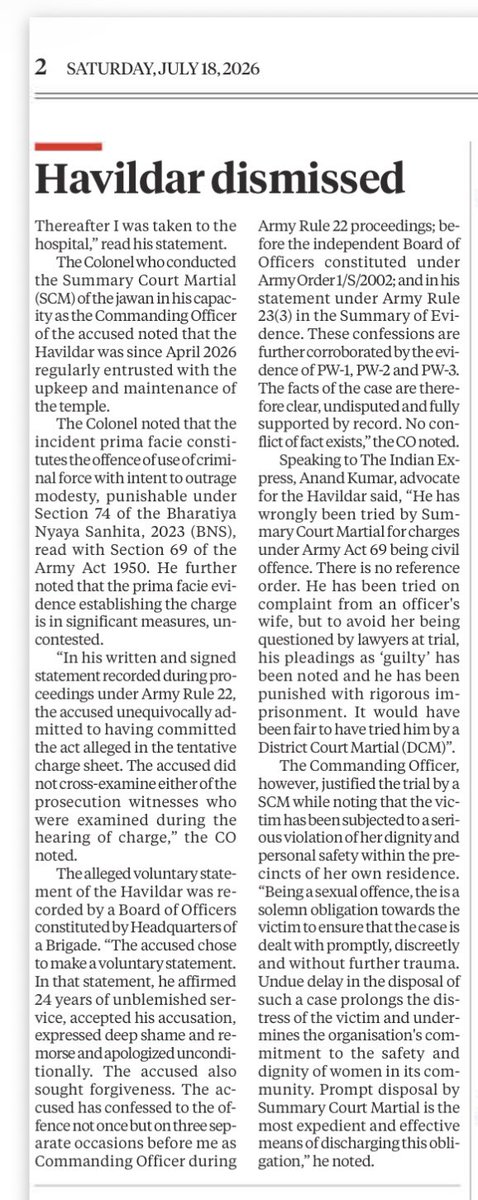 manaman_chhina's tweet photo. Army Havildar dismissed, jailed for molesting Major General’s wife.

The allegations are serious but he appears to have got inadequate opportunity to defend himself in a Summary Court Martial (SCM). Also, the confessional statement under these circumstances raises eyebrows. https://t.co/3RF3spNPK4