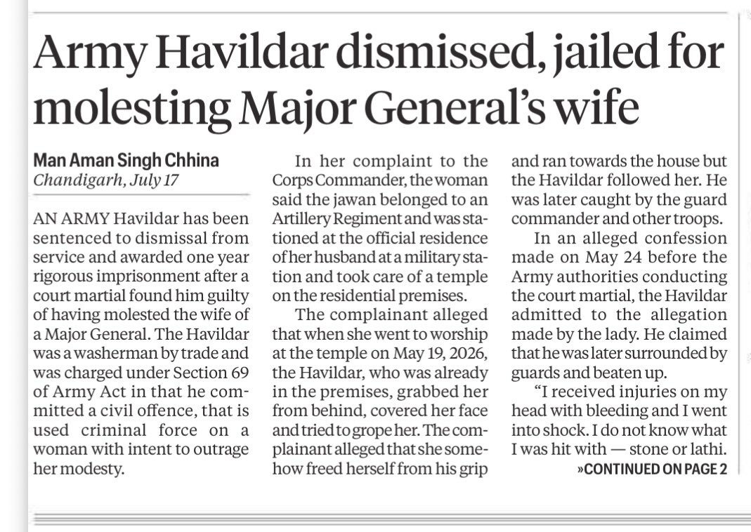 manaman_chhina's tweet photo. Army Havildar dismissed, jailed for molesting Major General’s wife.

The allegations are serious but he appears to have got inadequate opportunity to defend himself in a Summary Court Martial (SCM). Also, the confessional statement under these circumstances raises eyebrows. https://t.co/3RF3spNPK4