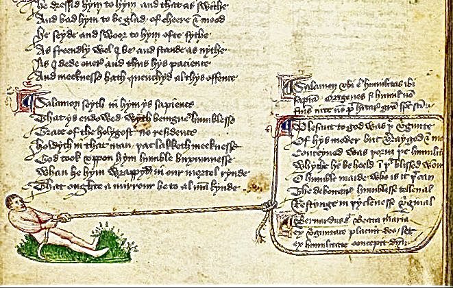 MedMilMedicine's tweet photo. Medieval scribes employed a number of different methods to correct mistakes and omissions. This one used the figure of a man pulling the omitted portion of the text towards the place where it belonged   -   15th century, British Library, Arundel 38, f. 65r https://t.co/ONp3d5mb9w
