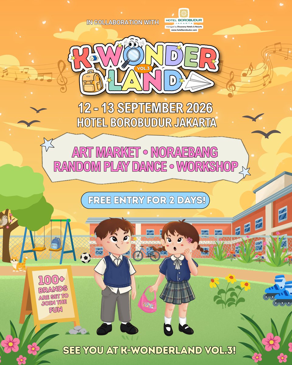 kwonder_land's tweet photo. Here's your first sneak peek of what's waiting for you at K-Wonderland Vol.3! 🍎📚

📅 12–13 September 2026
📍 Hotel Borobudur Jakarta

Get ready for 2 days of non-stop fun with:
🎤 Noraebang All Fandom
🛍️ K-Pop Art Market
💃 Random Play Dance
🎨 Workshops
✨ Stamp Rally https://t.co/qweE1CUP6J