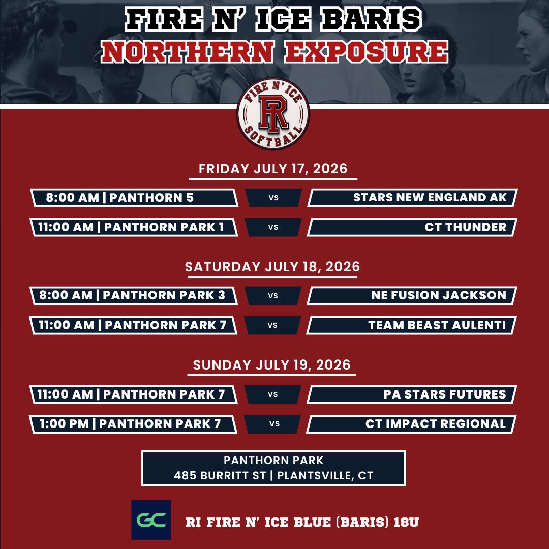 WBSportsRecaps's tweet photo. RI Fire N Ice Blue 18U Baris: Softball
July 17, 2026. RI Fire N Ice Blue 18U Baris played 2 games in the opening day of the Northern Exposure Summer Showcase in CT. The team won 2 both games with strong offense and defense.

RI Fire N Ice Blue 18U Baris defeated Stars New England 18U AK by the score of 8-1.

Cora Floriani had 1 hit (double) and 2 RBIs.

Grace Fontaine had 1 hit (double), 1 walk and 2 RBIs.

Sophia Vieira had 1 hit (single) 1 walk scored 2 runs and had 1 RBI.

Courtney Botelho had 1 hit (single) scored 1 run and had 1 RBI.

Zoe Fortin had 1 hit (double) 1 walk and scored 1 run.

Erin Moran had 2 hits (double, single) and scored 1 run.

Payton Baris had 1 hit (single) and scored 1 run.

Haley Gomes had 1 hit (single).

Liliana Luis and Lila Leys each had 1 walk.

Pitcher Lila Leys pitched 3 strong innings and did not allow a hit or run to earn the win in the circle.

Liliana Luis made multiple plays for outs on defense.

RI Fire N Ice Blue 18U Baris defeated CT Thunder 18U Premier by the score of 6-1.

Payton Baris hit a solo home run, walk once, scored 3 runs and had 1 RBI.

Liliana Luis hit a solo home run and had 1 RBI.

Haley Gomes had 1 hit (double) and 1 RBI.

Erin Moran had 1 hit (single) and 1 RBI.

Gabby Ricci had 1 hit (single) and 1 RBI. Gabby also pitched 3 strong innings allowing only 2 hits, 1 run and struck out 5 batters.

Lila Leys had 2 hits (singles).

Grace Fontaine had 1 hit (single) and scored 1 run. 

Cora Floriani, Sophia Vieira and Zoe Fortin each had 1 walk.

Courtney Botelho pitched 1.2 innings and did not allow a hit or run.

@fire_ri @jbaris3 
@ErinMoran007 @corafloriani50 @ZoeFortin05 @haleygomes8 @courtney_2821 @sophia_vieira30 @gracefontaine28 @PaytonBaris2028 @ncsn2023 @SoftballDown