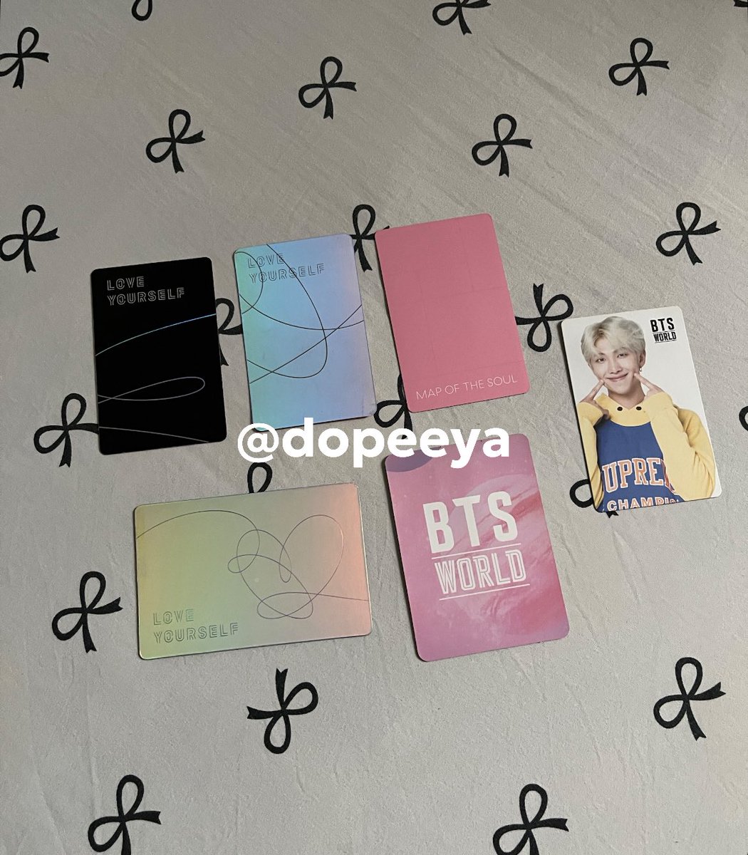dopeeya's tweet photo. FOR SALE!! 
OFFICIAL BTS PHOTOCARDS 💜

💜Love yourself: TEAR version Y - JUNGKOOK 
💜Love yourself: ANSWER version E - SUGA 
💜Map of the Soul: Persona version 4 - JHOPE 
💜BTS WORLD - RM 
💜BTS WORLD CARD HOLDER PC - JIN 
💜Love yourself: ANSWER  Special Card - OT7 
💕DM me!! https://t.co/7uGgWtFKce