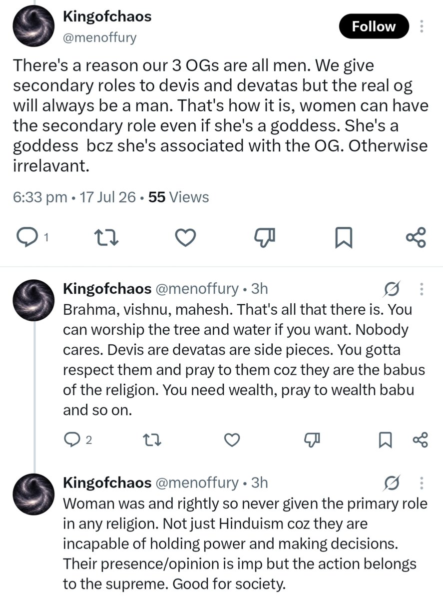 anniiie_4's tweet photo. “They (Women, even goddess) are incapable of holding power and making decisions.” 

Why do Hinduism and other religions treat women inferior to men? Even the goddess are presented inferior with respect to gods. https://t.co/UZCuB8Yhor