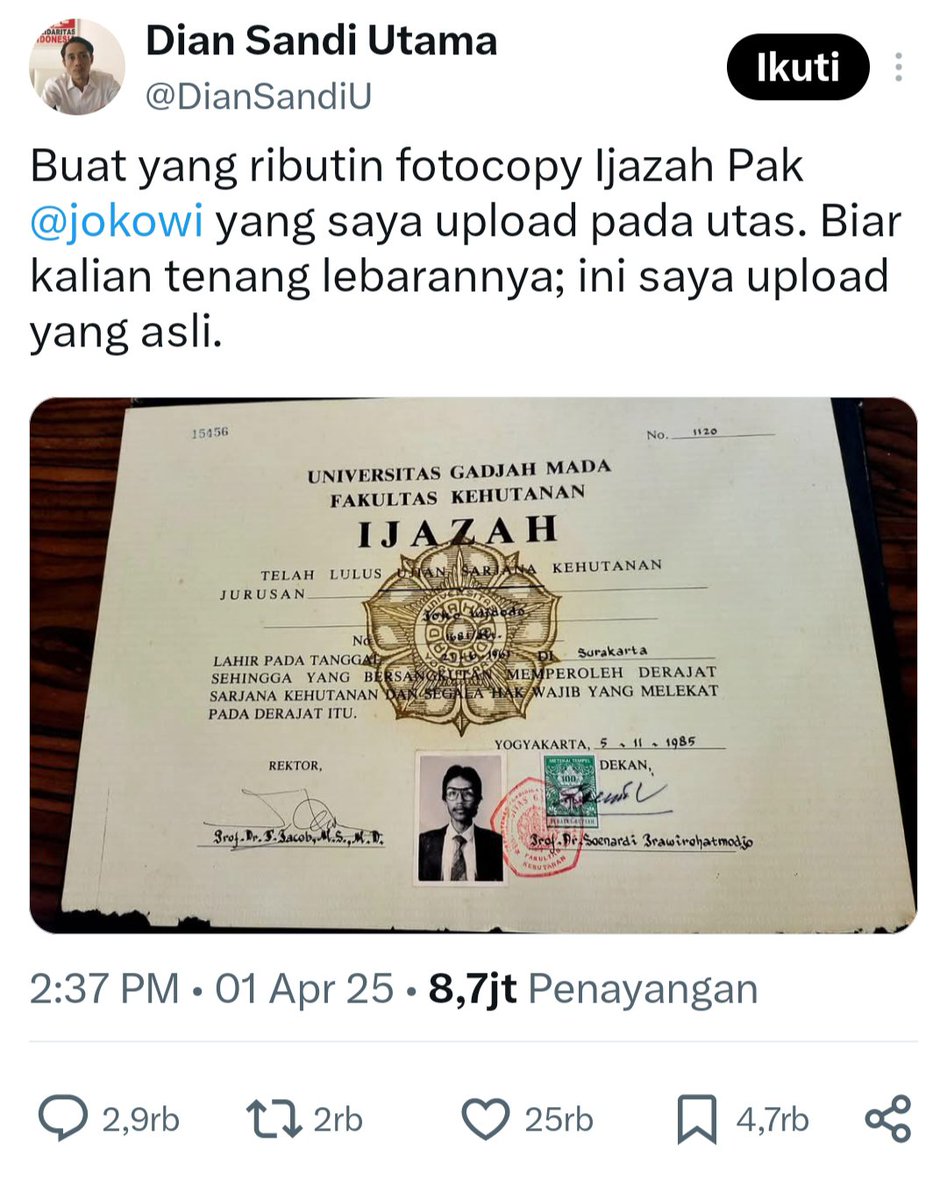 Muslim_AntiPKI9's tweet photo. MANFAAT IJAZAH PALSU
Bisa:
1. Jadi Wali Kota
2. Jadi Gubernur
3. Jadi Presiden
4. Rusak Ekonomi
5. Rusak Konstitusi
6. Rusak Demokrasi
7. Rusak Hukum
8. Rusak Negara
9. Penjarakn Orang
10. Numpuk Utang
11. Korupsi
12. Punya Ternak
13. Punya Geng
14. Bikin Negara Gaduh
15. Ngibul https://t.co/ZSEB49EHP0