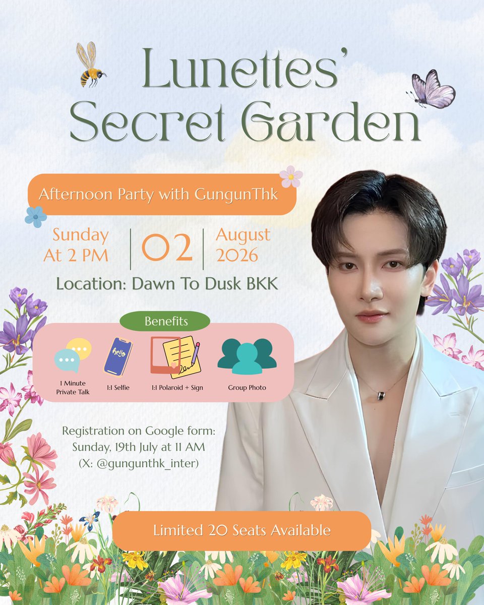 GungunThk_Inter's tweet photo. Lunettes’ Secret Garden: Special Event with @GungunThk

📅 เปิดลงทะเบียนผ่าน Google Form วันพรุ่งนี้ (19/07/2569) เวลา 11.00 น.

เนื่องในโอกาสครบรอบ 2 ปีของลูเนท ขอเชิญทุกคนมาร่วมเฉลิมฉลอง พร้อมสร้างความทรงจำดี ๆ ไปด้วยกันนะคะ  💚🐰

#GungunThk 
#ลูเนทของกันกัน 
#Lunettes https://t.co/Djz3UDcS8a