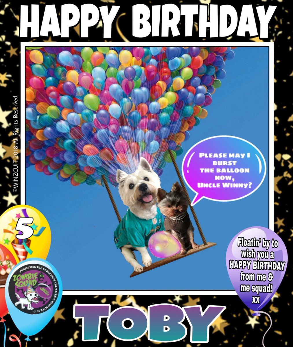 ZombieSquadHQ's tweet photo. 🎂Wishing a very 🎁HAPPY 5th BIRTHDAY🎉 to our pawsome pal, TOBY from Leada Lord Billy &amp; your ZombieSquad pals.
🎈  
We hope your special day is full of tasty treats, belly rubs &amp; cayke, pal. RaaAAA!! 
❤️💛🎂🎁🎈🎉
@Toby_The_Bichon @ZSBirthday #ZSHQ https://t.co/mPgt3RzOCj