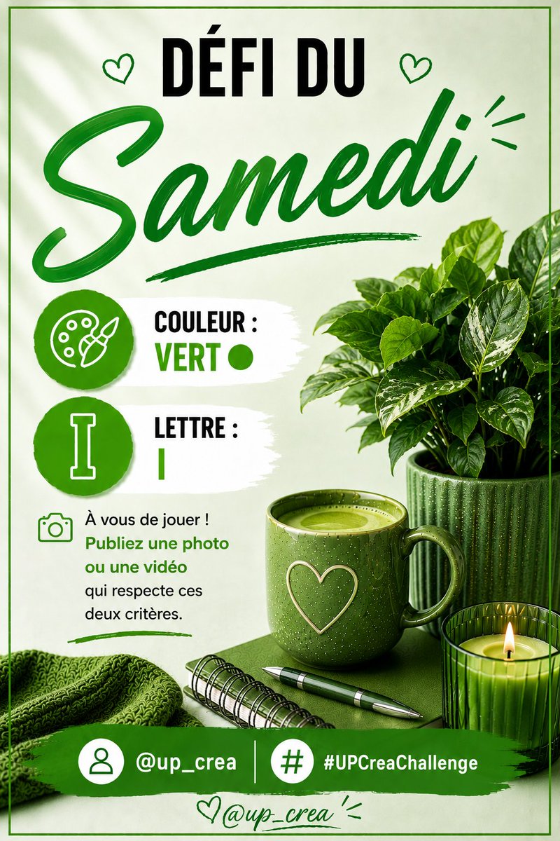 up_crea's tweet photo. 💚 Défi du Samedi 💚

Couleur : Vert 🟢
Lettre : I 🔠

À vous de jouer ! Publiez une photo ou une vidéo qui respecte ces deux critères.

📲 @up_crea | #UPCreaChallenge 

@nofacemodele https://t.co/bBtSzG5bWU