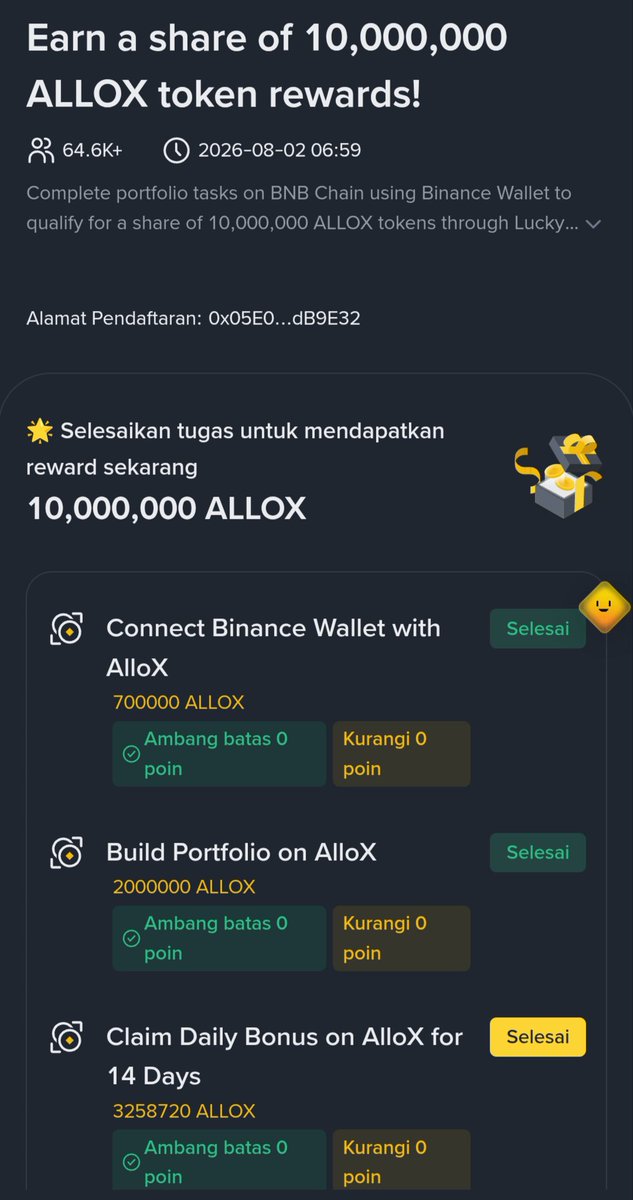MezarRizkia's tweet photo. Ada event dari binance wallet nih, project dari @alloxdotai jadi nanti kita dapet alokasi token 10 juta $allox.
Task nya simpel cuma follow akun dan buat portofolio $20 aja sama check in harian aja

Simple kan https://t.co/2nDnpBTZZ5