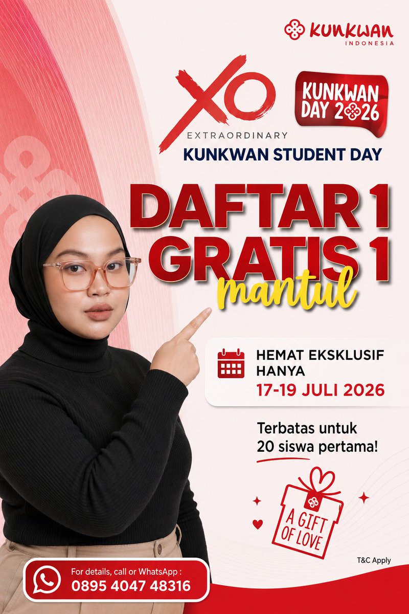 puy2997's tweet photo. 🎓 Promo spesial Kunkwan Student Day!
Daftar 1 GRATIS 1 hanya 17–19 Juli 2026.
Terbatas untuk 20 siswa pertama. Jangan sampai kehabisan! 🇨🇳✨ https://t.co/5IgeY3uOb8