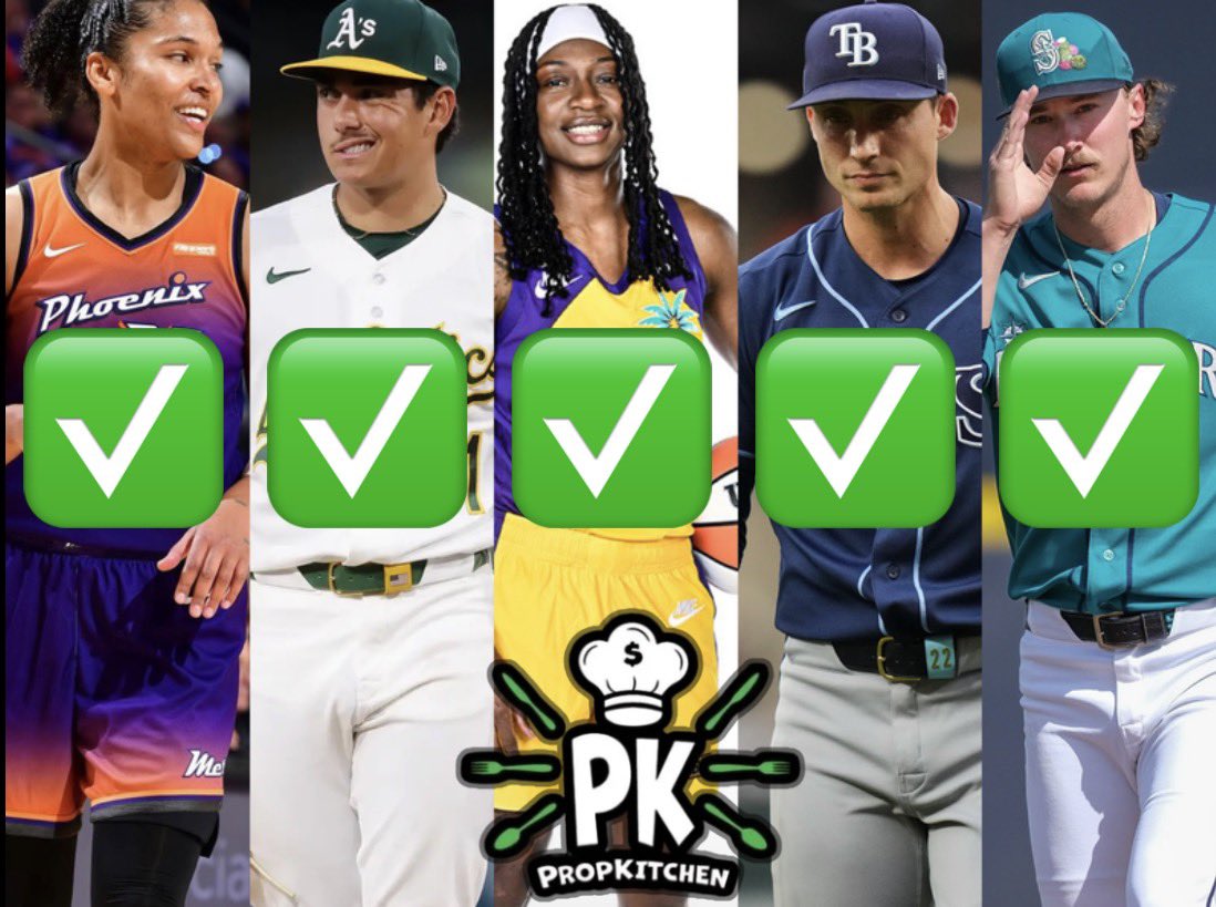 PropKitchen's tweet photo. $50 to a follower who LIKES+RT ❤️‍🔥

5-0 FRIDAY SWEEP 🧹 

✅ Griffin Jax o4.5 Strikeouts
✅ Bryce Miller o5.5 Strikeouts
✅ Gage Jump o2.5 Earned Runs
✅ Alyssa Thomas o29.5 PRA
✅ Erica Wheeler o8.5 Points

WE COOKED TODAY 🧑‍🍳